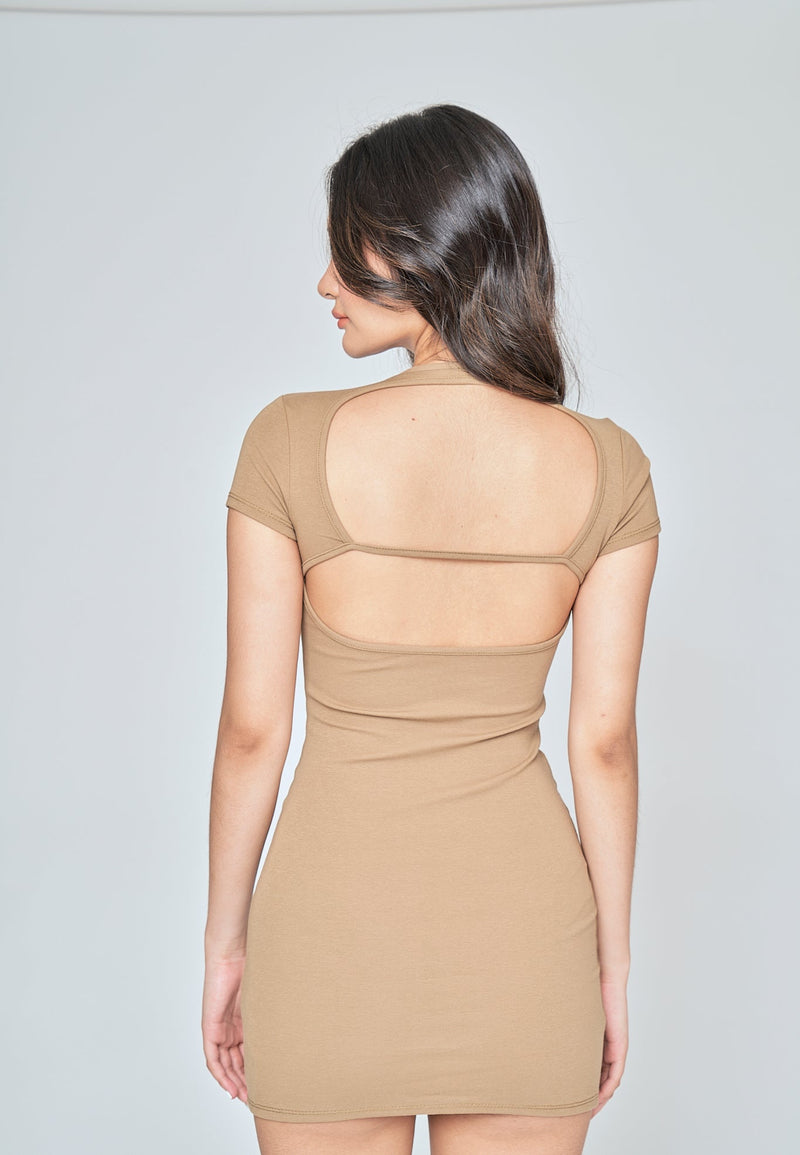 Channa Brown Basic Round Neck Short Sleeves Mini Dress