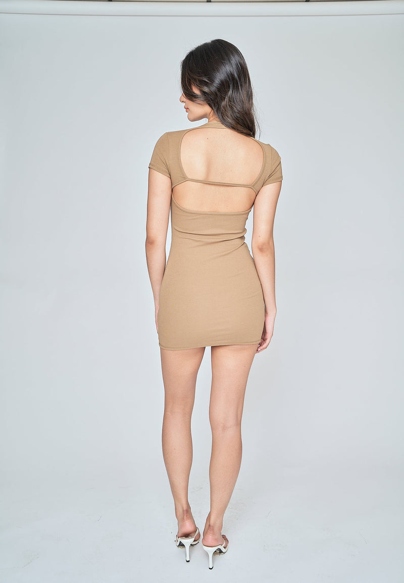 Channa Brown Basic Round Neck Short Sleeves Mini Dress