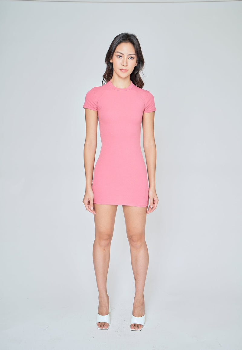 Channa Pink Basic Round Neck Short Sleeves Mini Dress