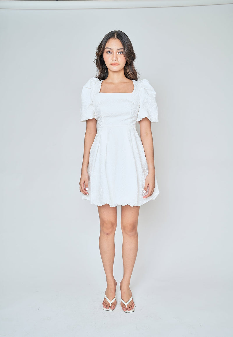Salome White Textured Square Neck Short Sleeves Mini Dress