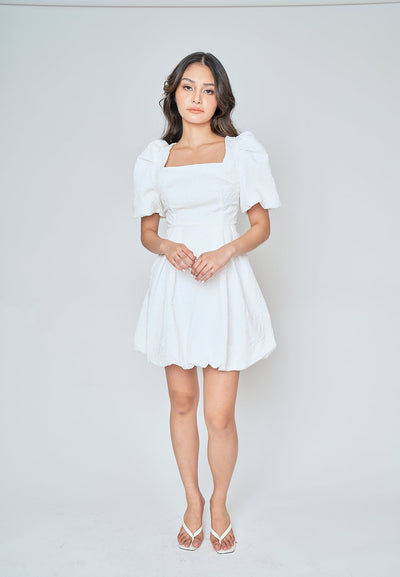 Salome White Textured Square Neck Short Sleeves Mini Dress