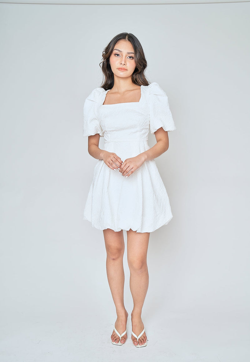 Salome White Textured Square Neck Short Sleeves Mini Dress