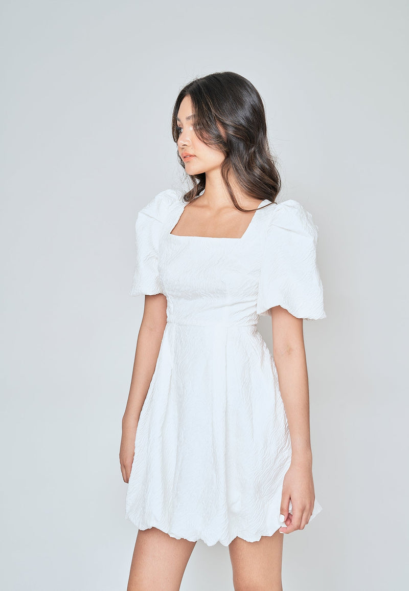 Salome White Textured Square Neck Short Sleeves Mini Dress
