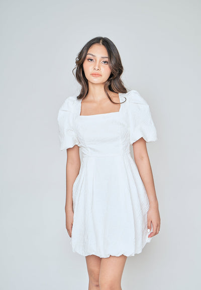 Salome White Textured Square Neck Short Sleeves Mini Dress