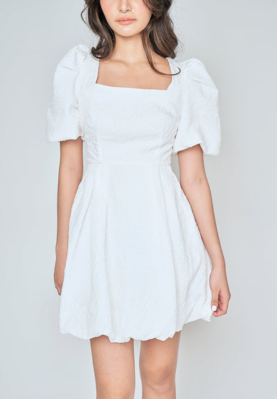 Salome White Textured Square Neck Short Sleeves Mini Dress