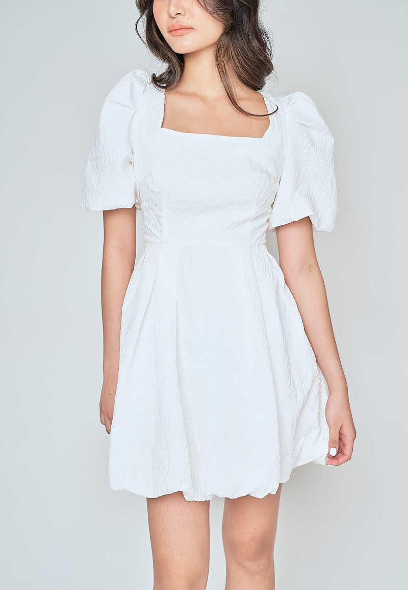 Salome White Textured Square Neck Short Sleeves Mini Dress