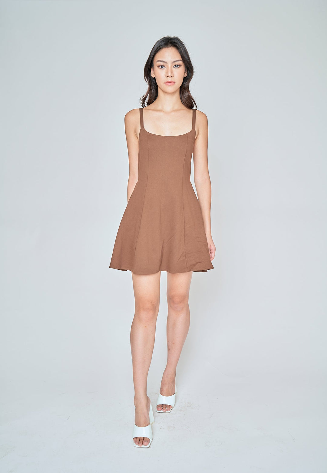 Aelia Brown Low Neck Sleeveless Open Back Lined Mini Dress