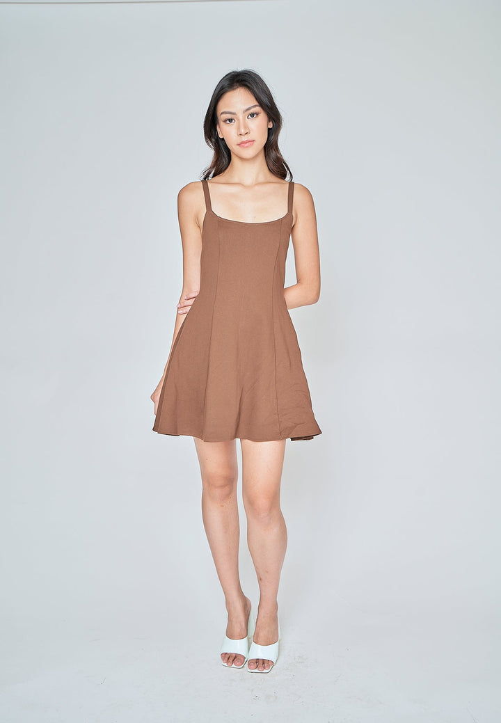 Aelia Brown Low Neck Sleeveless Open Back Lined Mini Dress