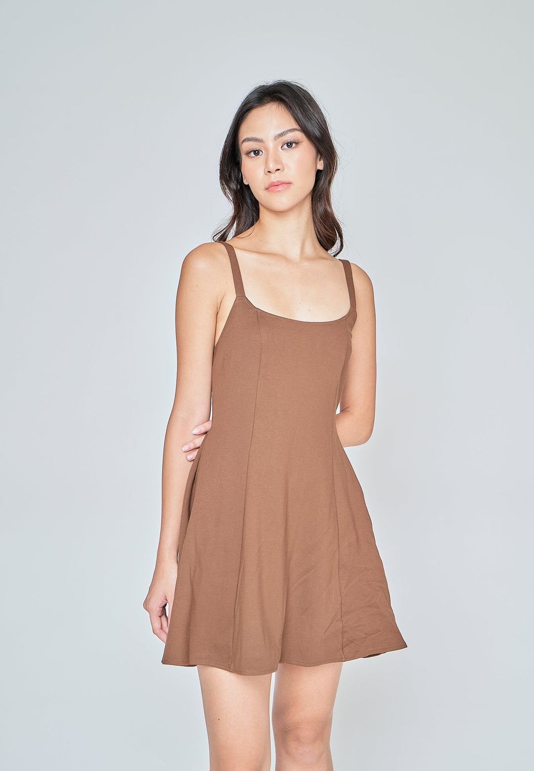 Aelia Brown Low Neck Sleeveless Open Back Lined Mini Dress