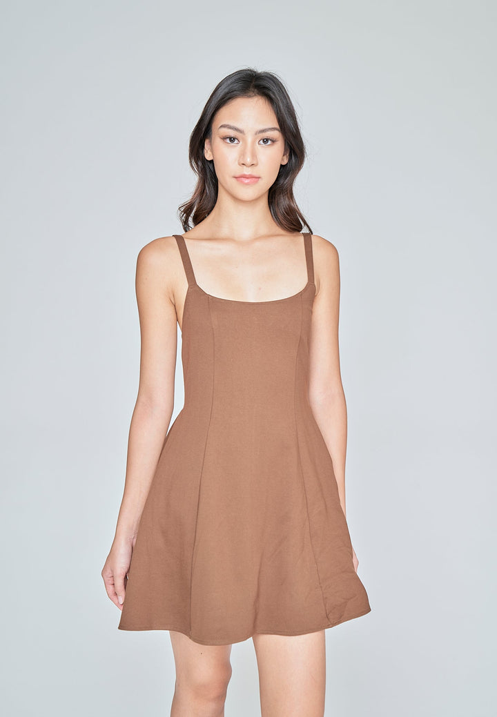 Aelia Brown Low Neck Sleeveless Open Back Lined Mini Dress