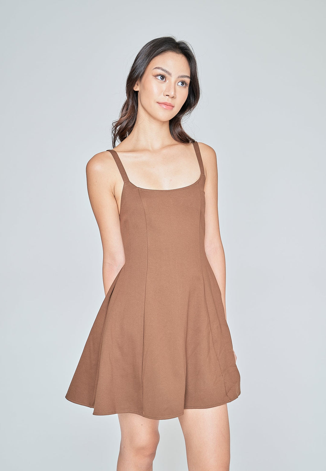 Aelia Brown Low Neck Sleeveless Open Back Lined Mini Dress