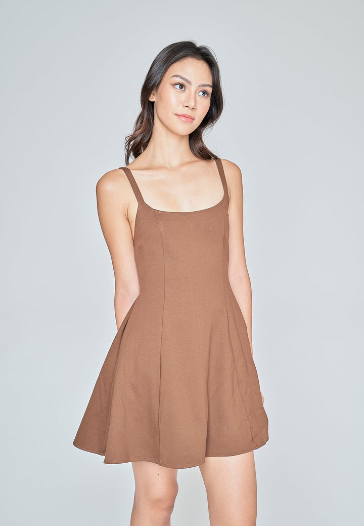 Aelia Brown Low Neck Sleeveless Open Back Lined Mini Dress