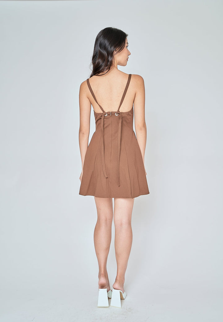 Aelia Brown Low Neck Sleeveless Open Back Lined Mini Dress