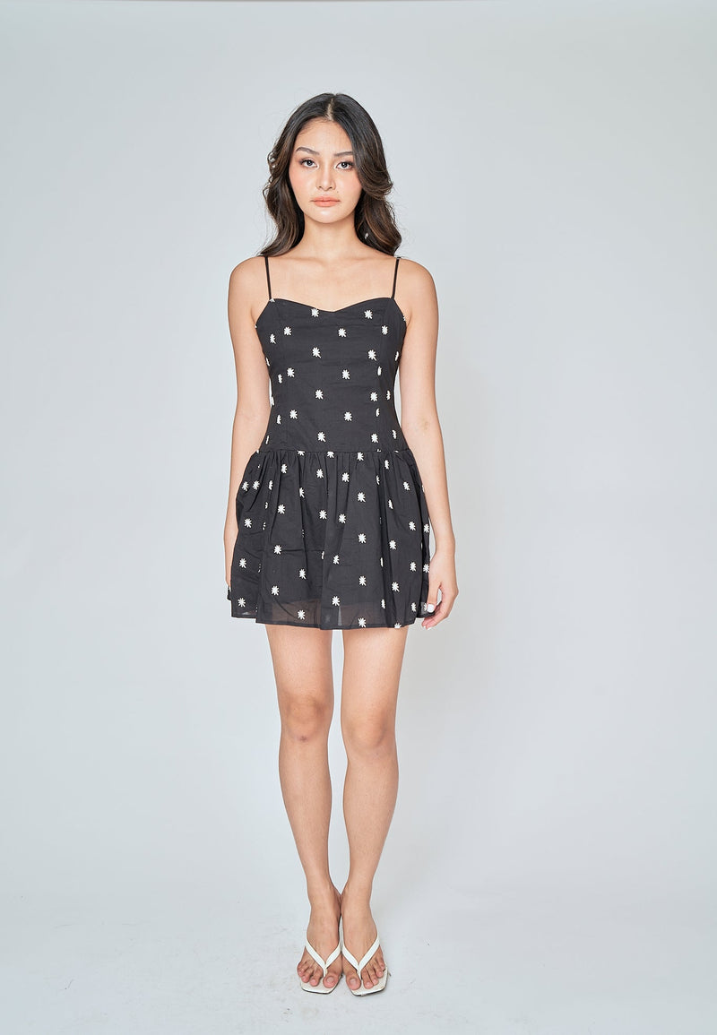 Kathy Black with White Floral Sleeveless Mini Dress