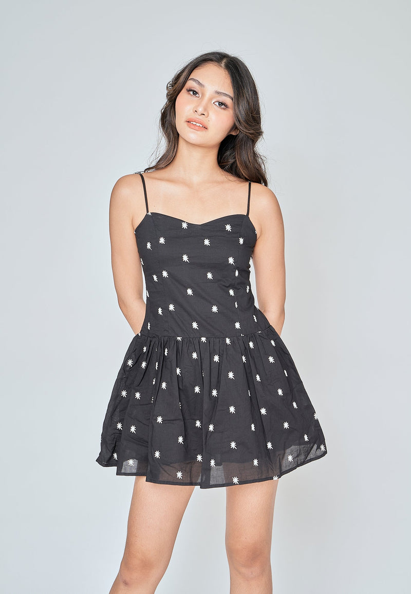 Kathy Black with White Floral Sleeveless Mini Dress
