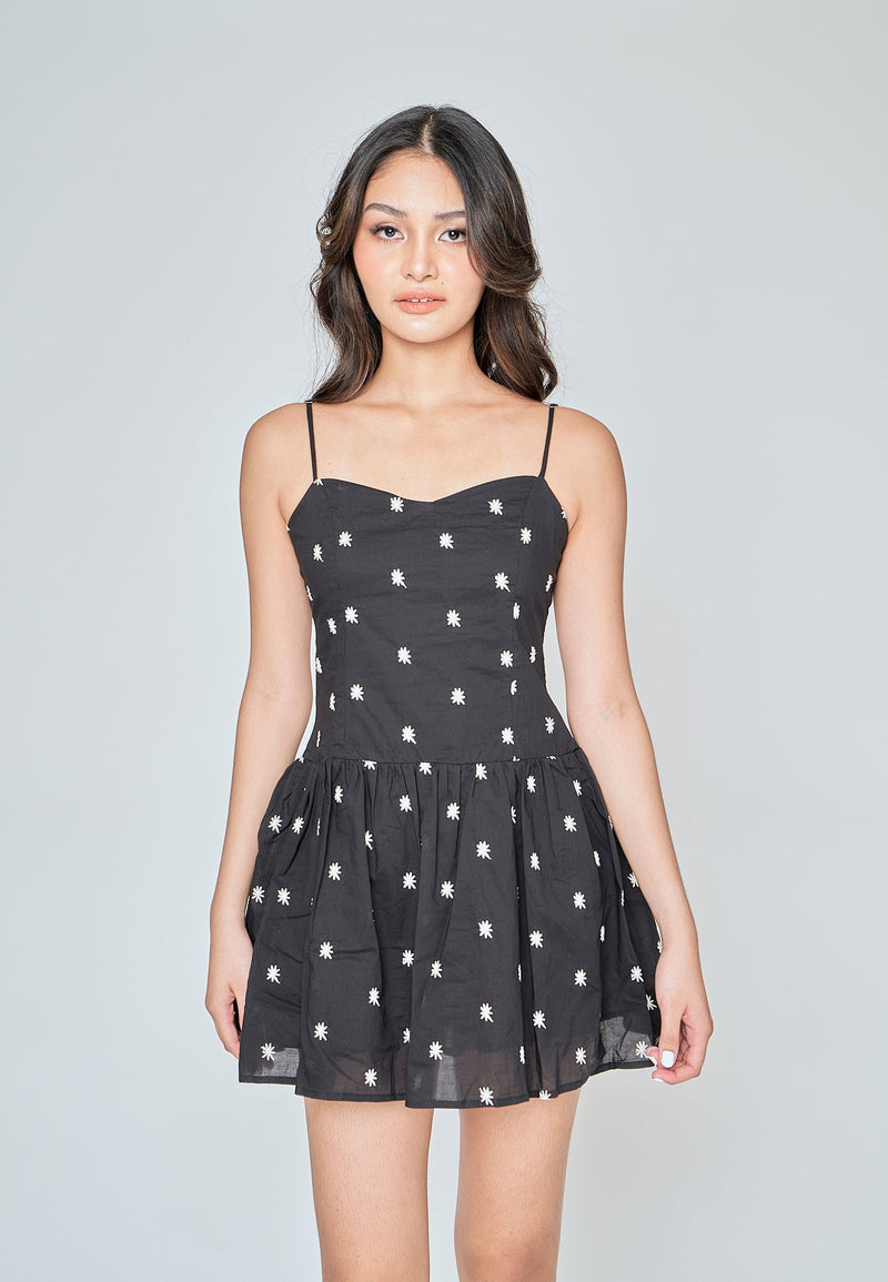 Kathy Black with White Floral Sleeveless Mini Dress