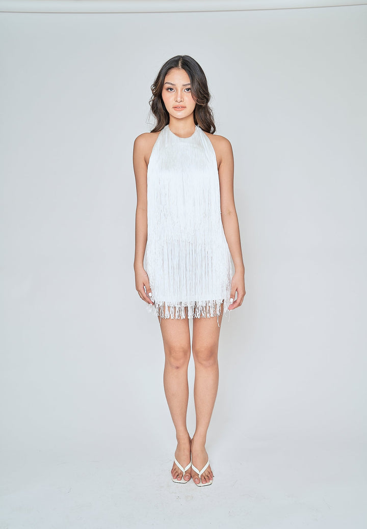 Ariyah White Fringe Layer Halter Open Back Sleeveless Mini Dress