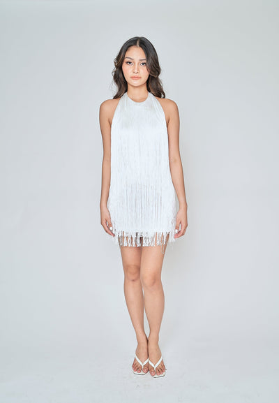 Ariyah White Fringe Layer Halter Open Back Sleeveless Mini Dress