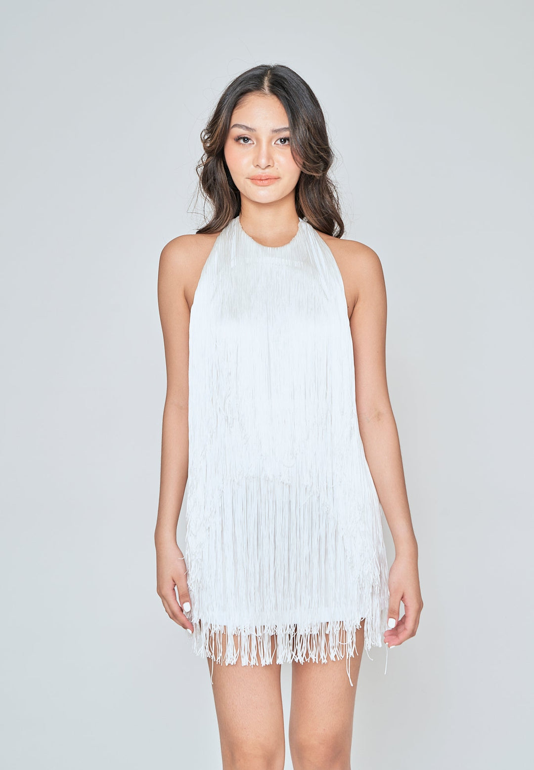 Ariyah White Fringe Layer Halter Open Back Sleeveless Mini Dress