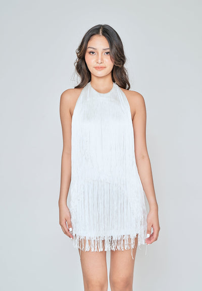 Ariyah White Fringe Layer Halter Open Back Sleeveless Mini Dress