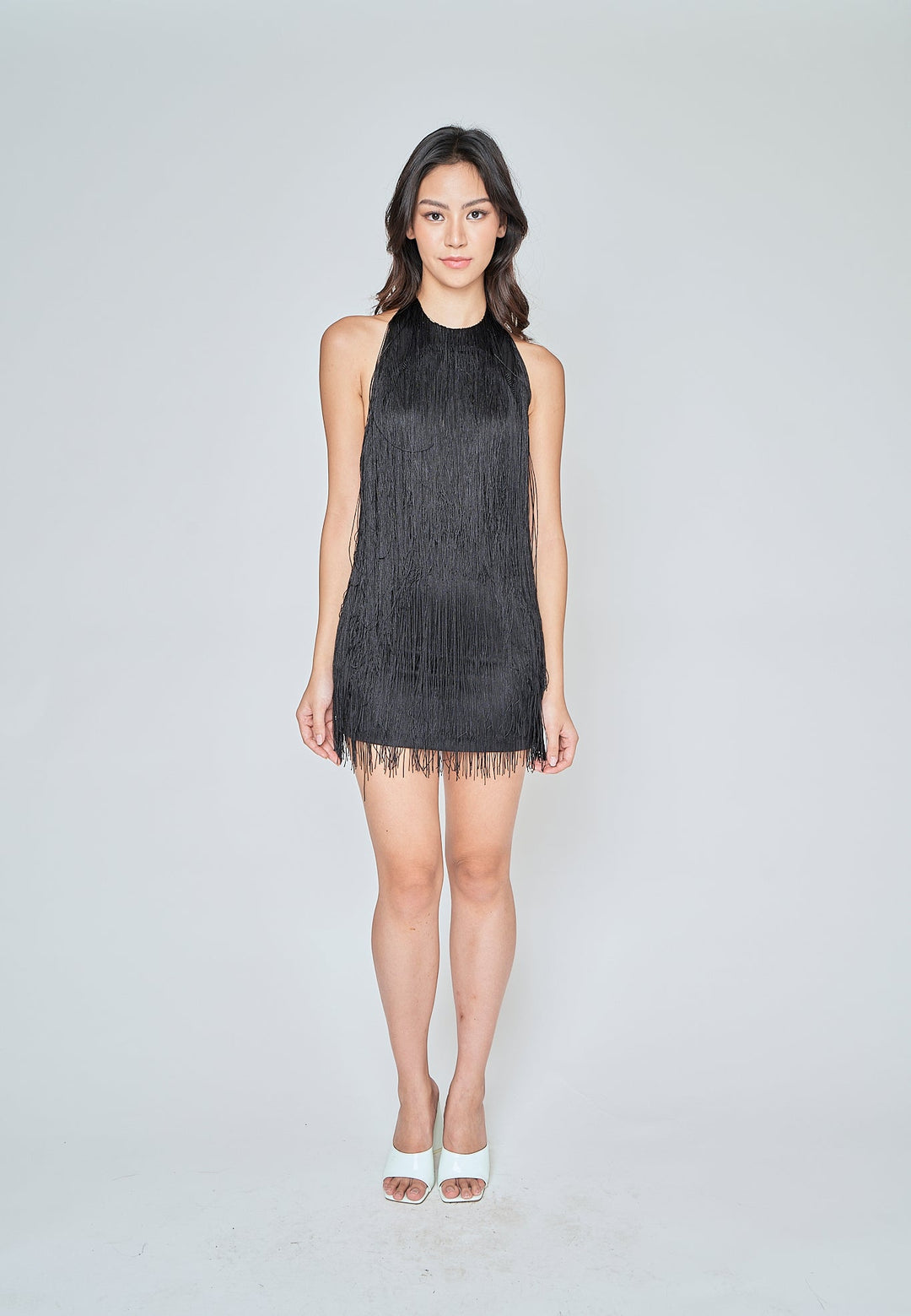 Ariyah Black Fringe Layer Halter Open Back Sleeveless Mini Dress