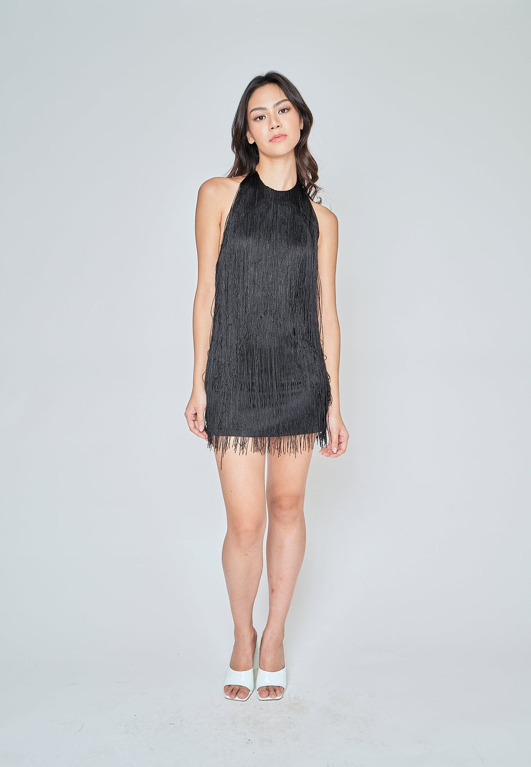 Ariyah Black Fringe Layer Halter Open Back Sleeveless Mini Dress
