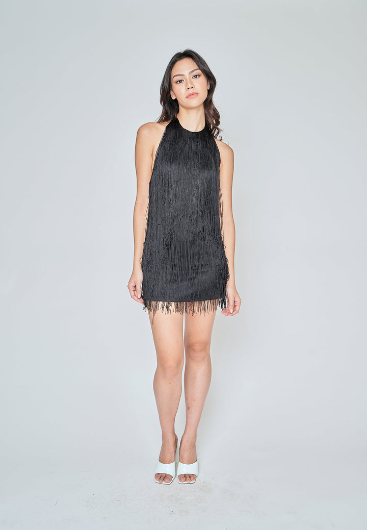 Ariyah Black Fringe Layer Halter Open Back Sleeveless Mini Dress