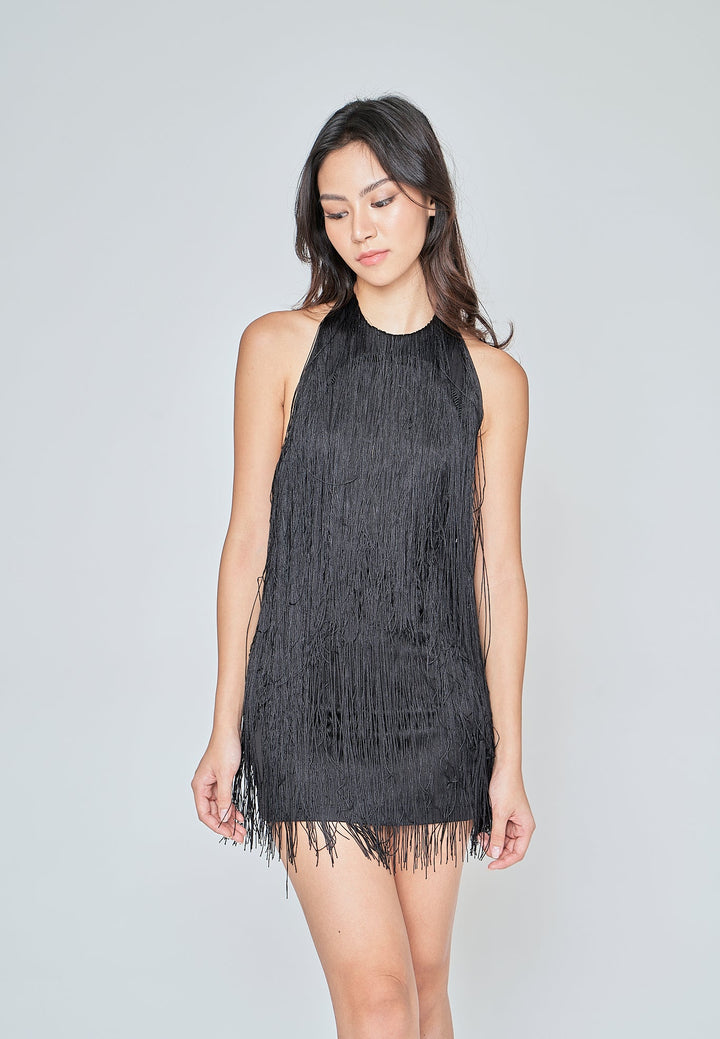 Ariyah Black Fringe Layer Halter Open Back Sleeveless Mini Dress