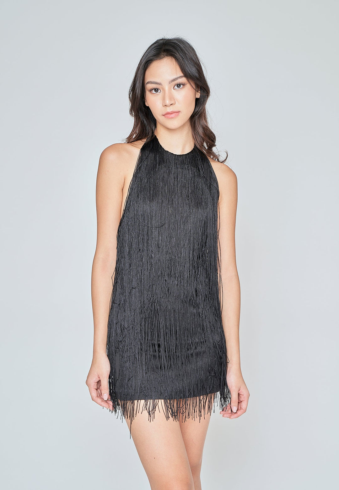 Ariyah Black Fringe Layer Halter Open Back Sleeveless Mini Dress
