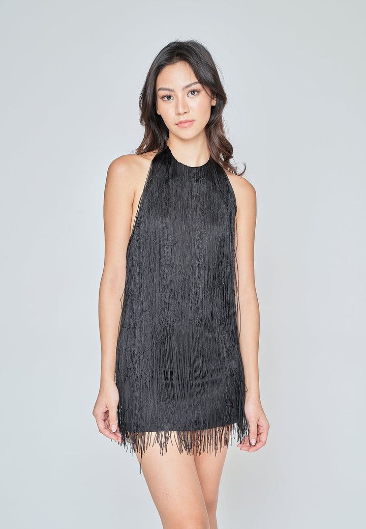 Ariyah Black Fringe Layer Halter Open Back Sleeveless Mini Dress