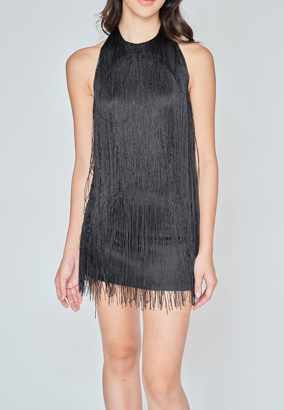 Ariyah Black Fringe Layer Halter Open Back Sleeveless Mini Dress