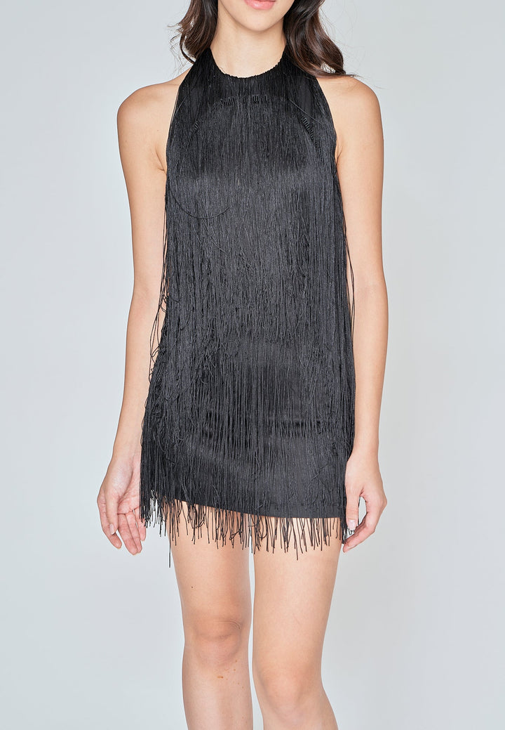 Ariyah Black Fringe Layer Halter Open Back Sleeveless Mini Dress