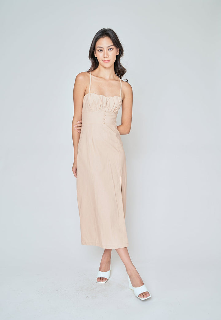 Aeryn Beige Ruch Bust Sleeveless Criss Cross Back Midi Dress with Slit