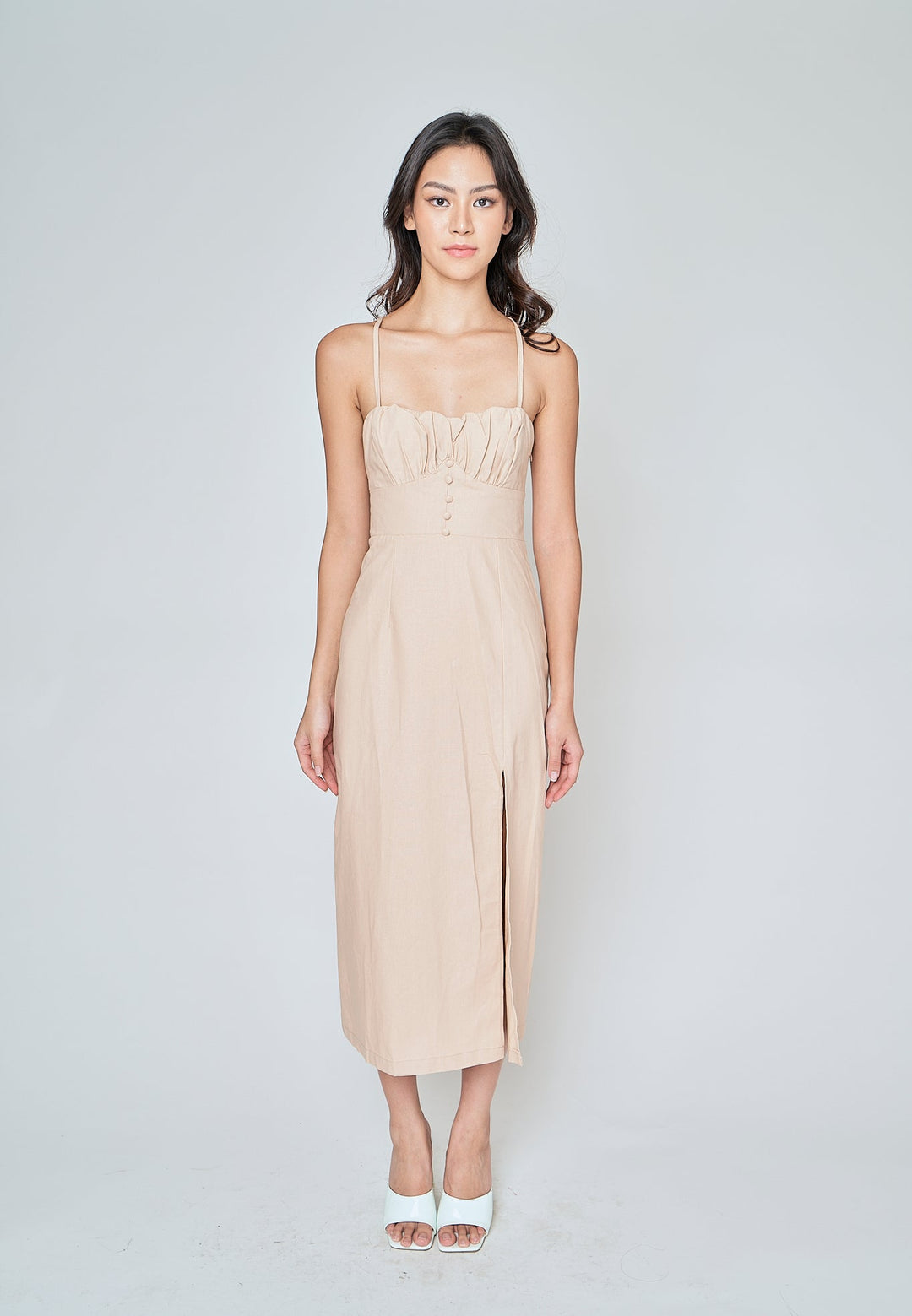 Aeryn Beige Ruch Bust Sleeveless Criss Cross Back Midi Dress with Slit