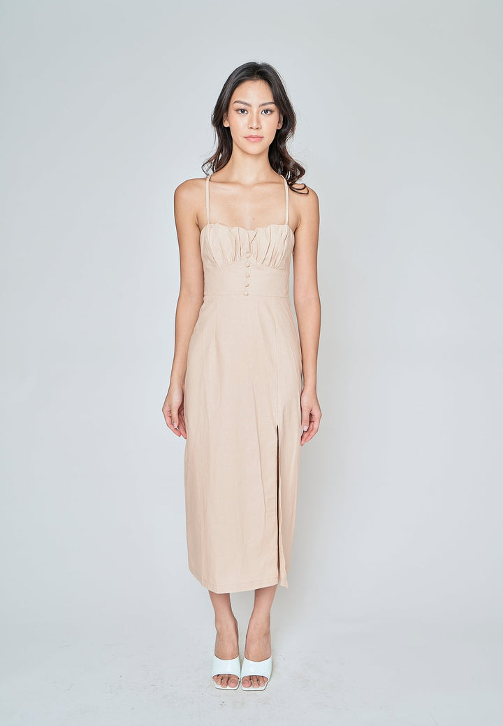 Aeryn Beige Ruch Bust Sleeveless Criss Cross Back Midi Dress with Slit