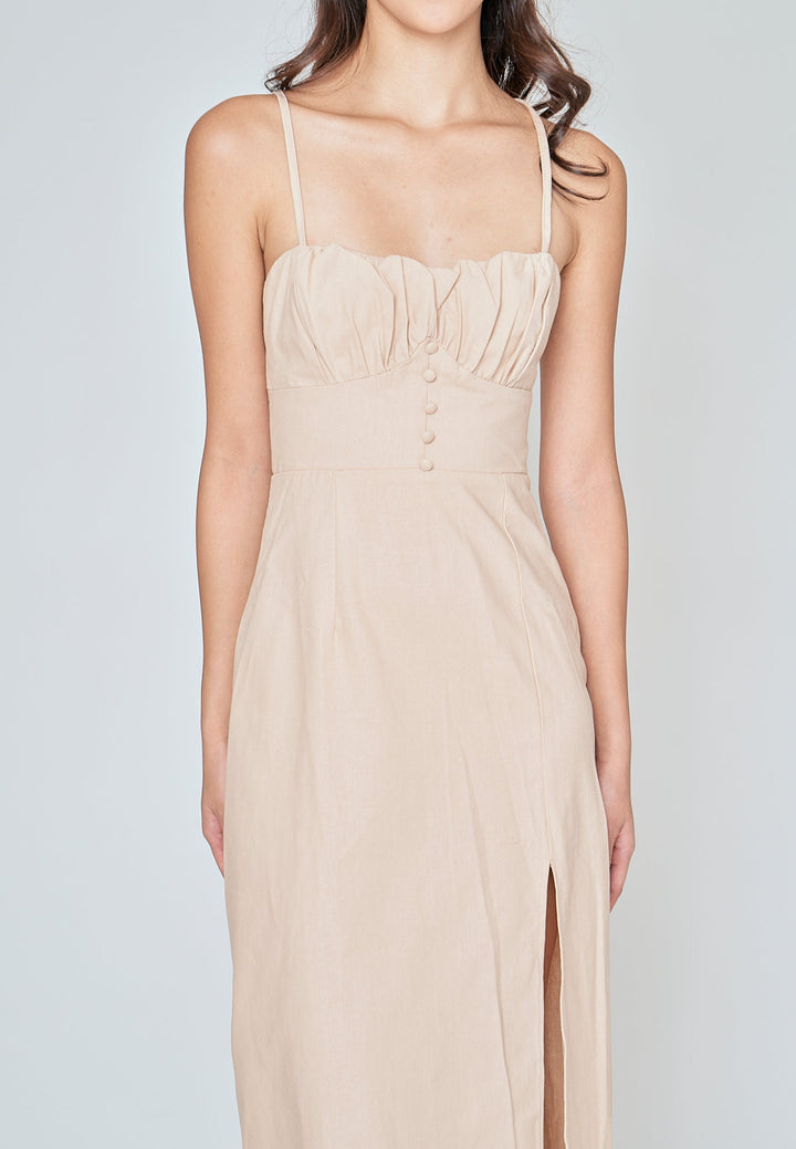 Aeryn Beige Ruch Bust Sleeveless Criss Cross Back Midi Dress with Slit