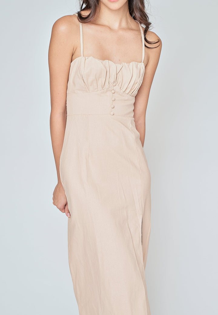 Aeryn Beige Ruch Bust Sleeveless Criss Cross Back Midi Dress with Slit