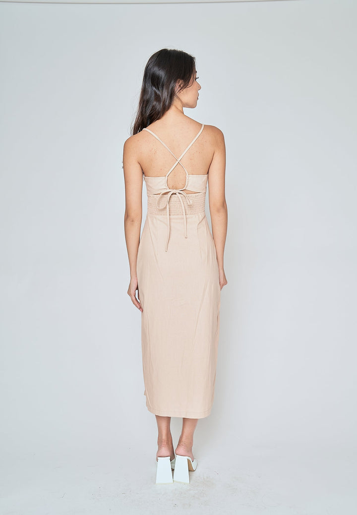 Aeryn Beige Ruch Bust Sleeveless Criss Cross Back Midi Dress with Slit