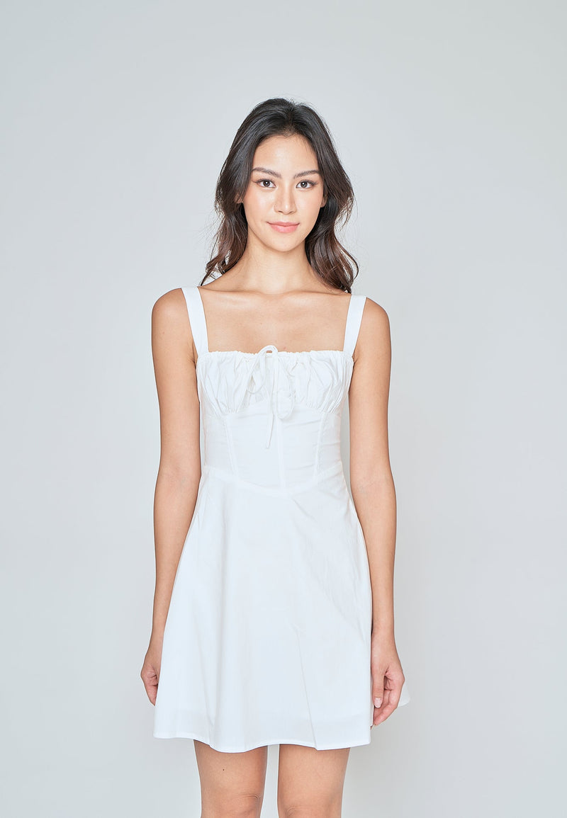 Fiorella White Square Neck Ruch Bust Sleeveless Lined Waist Mini Dress