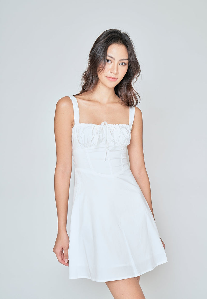 Fiorella White Square Neck Ruch Bust Sleeveless Lined Waist Mini Dress