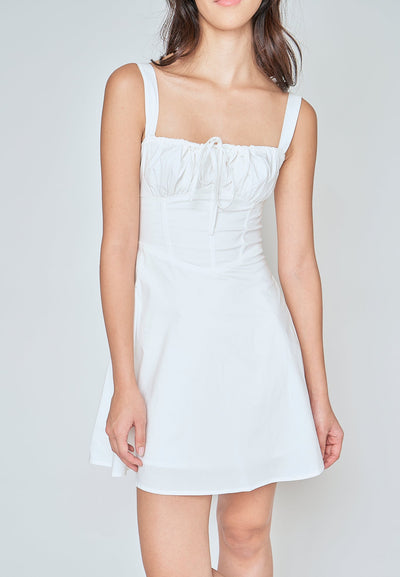 Fiorella White Square Neck Ruch Bust Sleeveless Lined Waist Mini Dress
