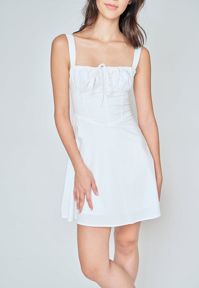 Fiorella White Square Neck Ruch Bust Sleeveless Lined Waist Mini Dress