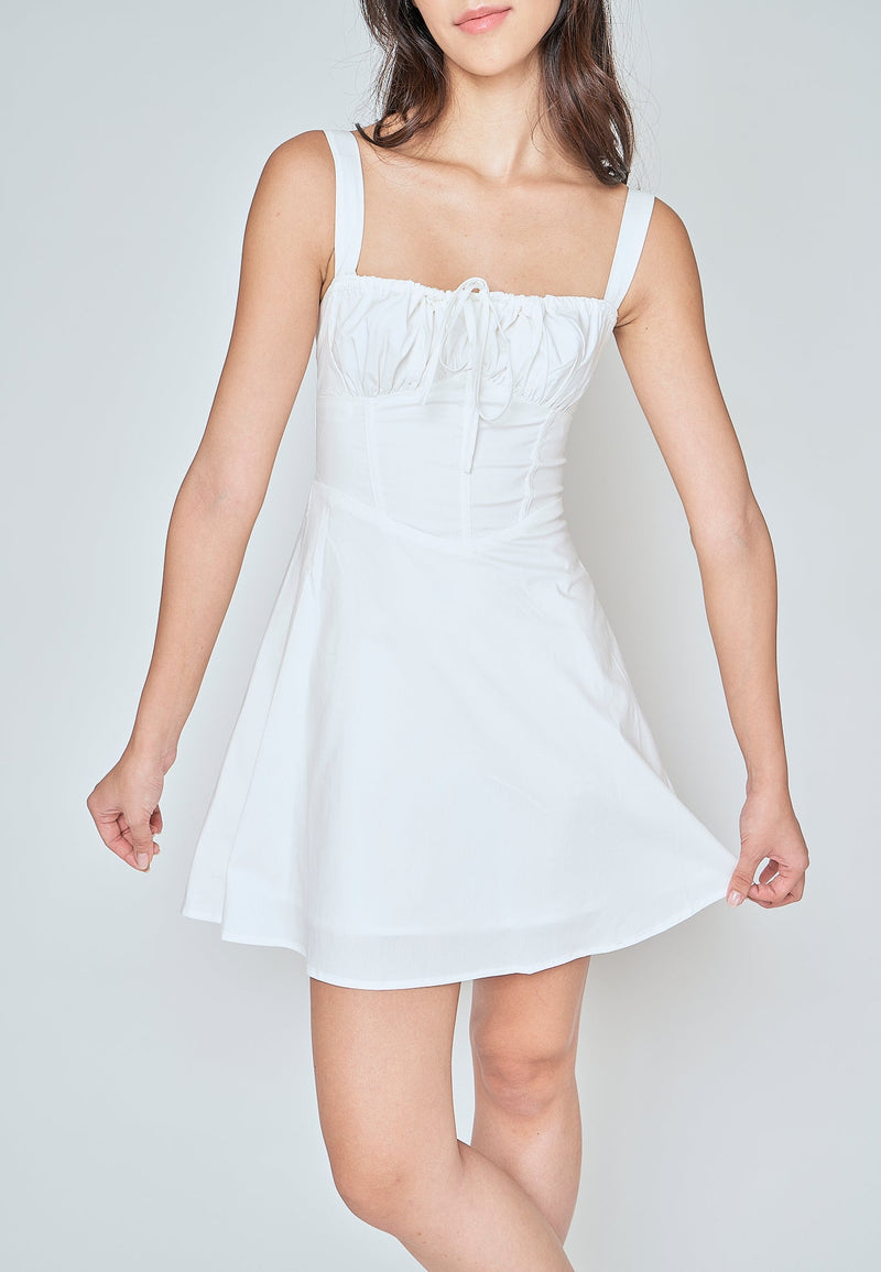 Fiorella White Square Neck Ruch Bust Sleeveless Lined Waist Mini Dress