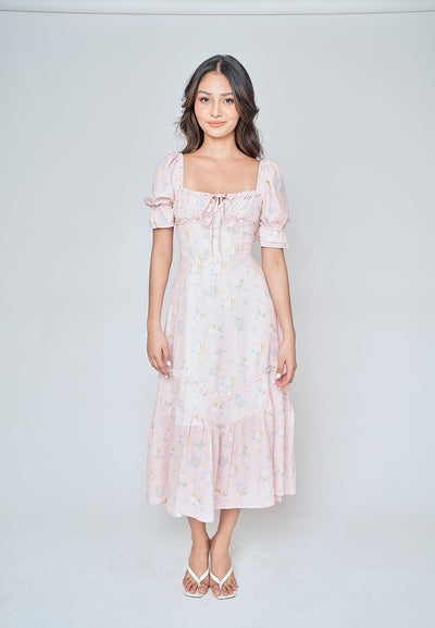 Natalia Blush Pink Floral Square Neck Short Sleeves Lined Waist Midi Dress