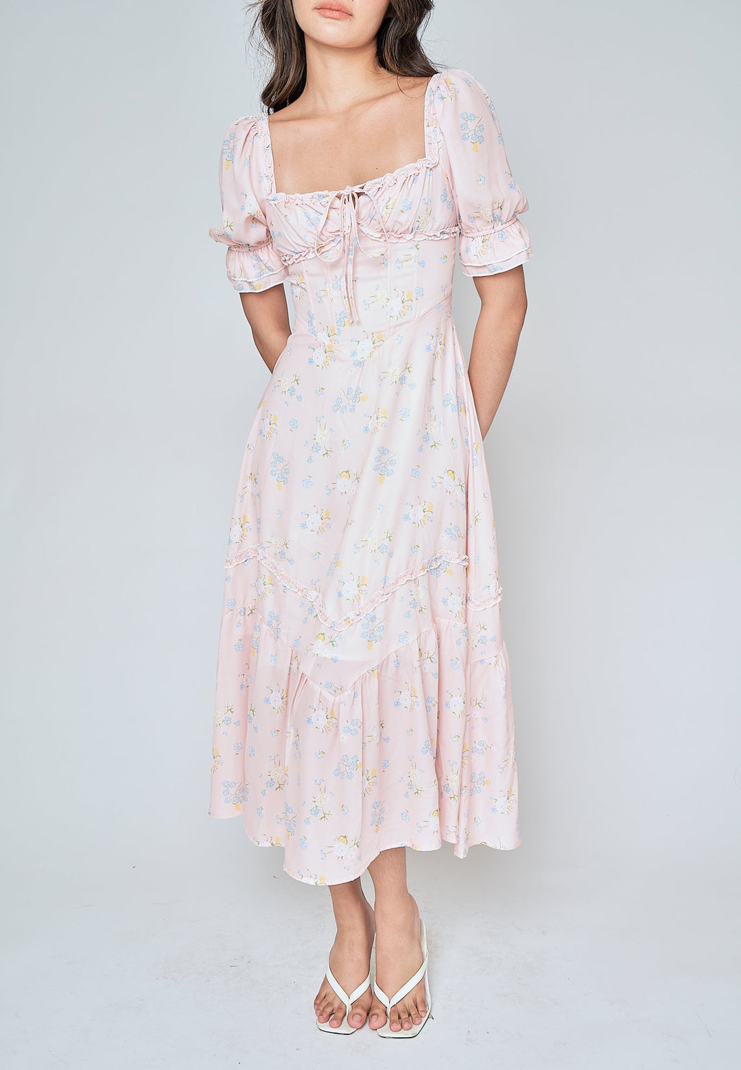 Natalia Blush Pink Floral Square Neck Short Sleeves Lined Waist Midi Dress