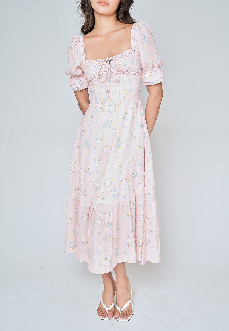 Natalia Blush Pink Floral Square Neck Short Sleeves Lined Waist Midi Dress