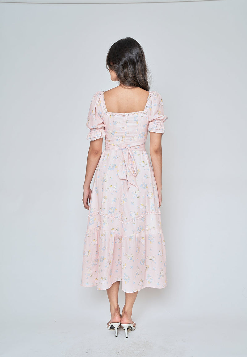 Natalia Blush Pink Floral Square Neck Short Sleeves Lined Waist Midi Dress