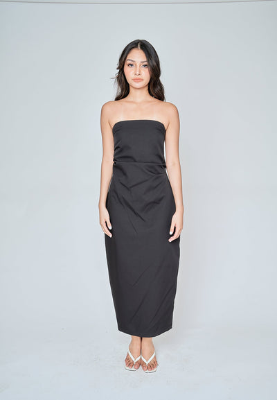 Reya Black Classic Straight Cut Tube Midi Dress