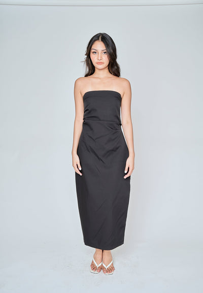Reya Black Classic Straight Cut Tube Midi Dress