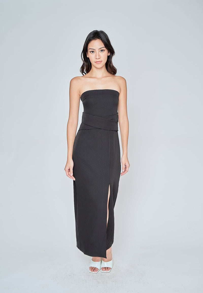 Nixie Black Classic Waist Details High Side Slit Tube Midi Dress